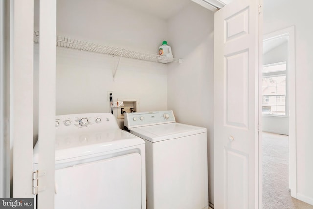 clothes washing area featuring carpet floors, laundry area, and washer and clothes dryer