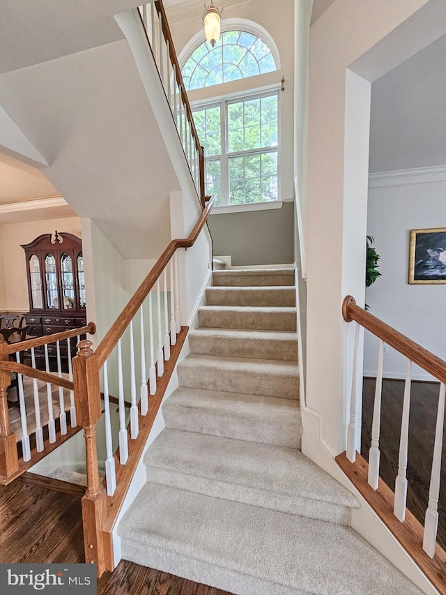 stairs with baseboards, ornamental molding, and wood finished floors