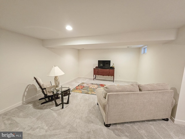 carpeted living room featuring recessed lighting and baseboards