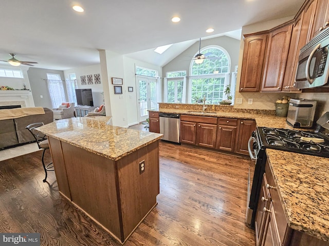 kitchen featuring stainless steel appliances, a healthy amount of sunlight, a sink, and dark wood-style floors