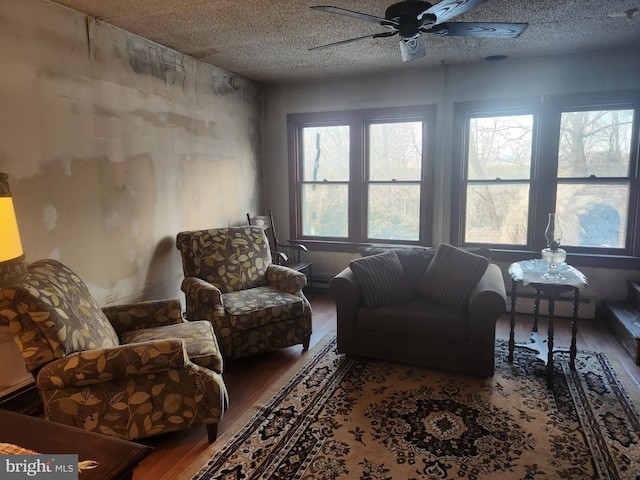 living room featuring a ceiling fan, a textured ceiling, and wood finished floors