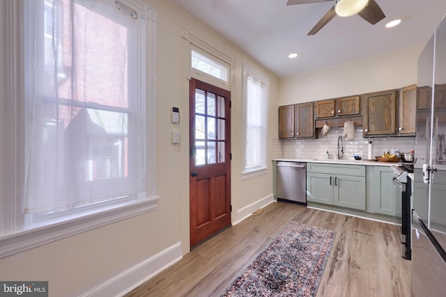 kitchen featuring backsplash, appliances with stainless steel finishes, light wood-style floors, and a sink