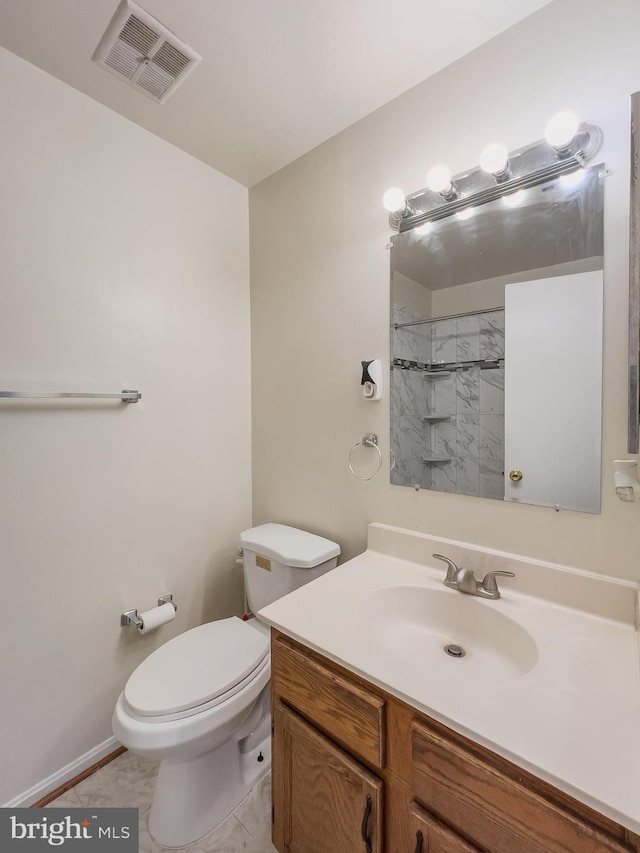 full bathroom with toilet, a shower, vanity, and visible vents