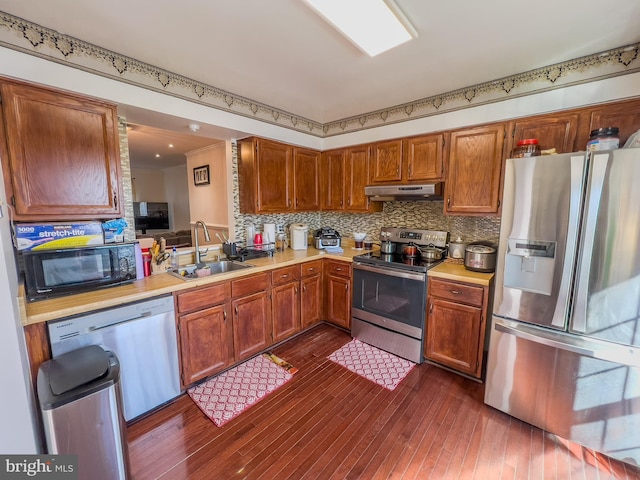 kitchen with under cabinet range hood, stainless steel appliances, a sink, light countertops, and decorative backsplash