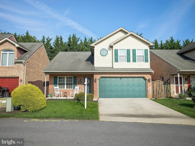 view of front of home with driveway, a shingled roof, fence, and brick siding