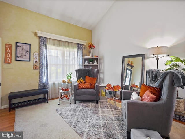 sitting room featuring baseboards, high vaulted ceiling, and wood finished floors