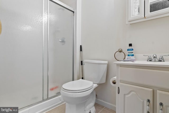 bathroom featuring toilet, a shower stall, tile patterned flooring, and vanity