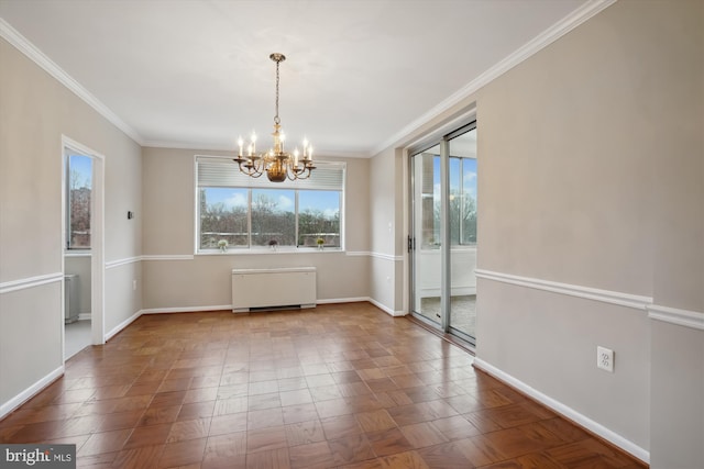 unfurnished room with ornamental molding, radiator, a notable chandelier, and baseboards