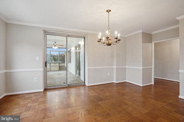 spare room featuring crown molding, ceiling fan with notable chandelier, and baseboards