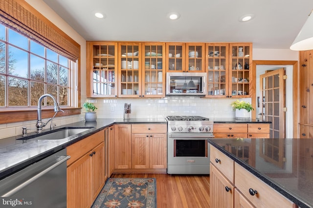 kitchen featuring light wood finished floors, dark stone counters, glass insert cabinets, stainless steel appliances, and a sink