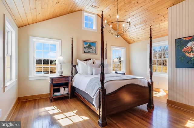 bedroom featuring baseboards, lofted ceiling, wood-type flooring, wood ceiling, and a notable chandelier