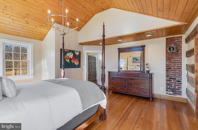 bedroom featuring high vaulted ceiling, wooden ceiling, visible vents, and wood-type flooring