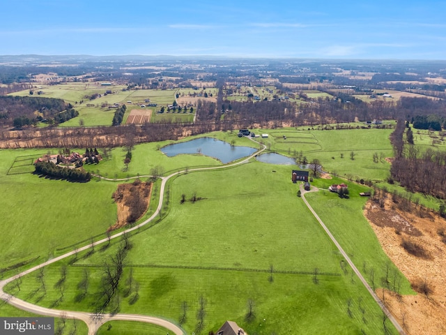 bird's eye view with a water view and a rural view