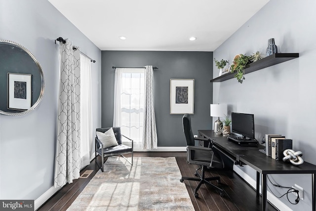 office area with recessed lighting, baseboards, and wood finished floors