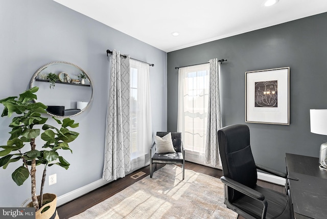 office area featuring visible vents, recessed lighting, wood finished floors, and baseboards