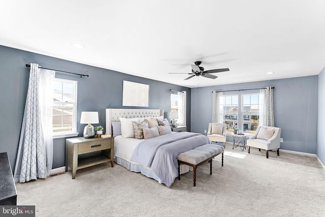 bedroom with recessed lighting, baseboards, carpet floors, and ceiling fan