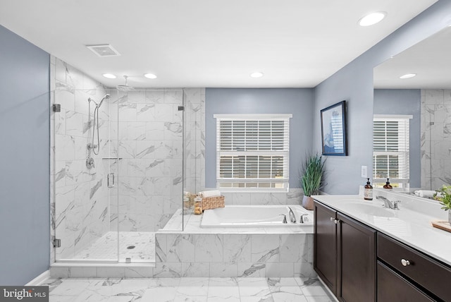 full bath with vanity, visible vents, a marble finish shower, a garden tub, and marble finish floor