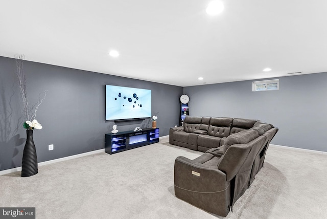 carpeted cinema featuring visible vents, recessed lighting, and baseboards