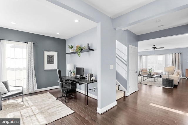 home office with plenty of natural light, recessed lighting, baseboards, and dark wood-style flooring