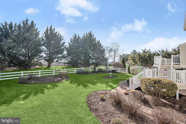 view of yard with fence and a wooden deck