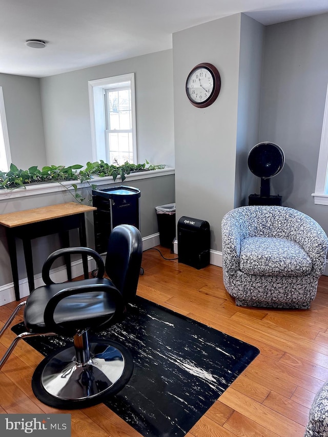 office with hardwood / wood-style flooring and baseboards