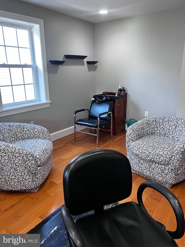 living area with baseboards and wood finished floors