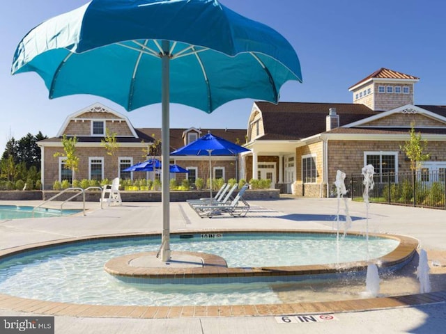 view of pool featuring fence and a patio