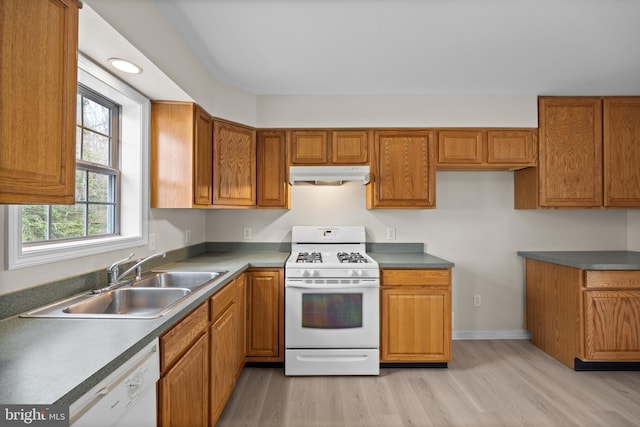 kitchen with white appliances, brown cabinets, a sink, and under cabinet range hood