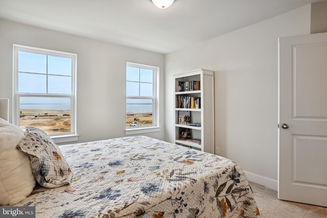 bedroom featuring baseboards and light carpet