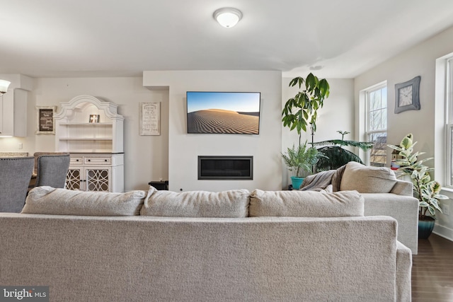 living room with dark wood-style floors and a glass covered fireplace