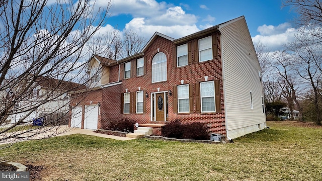 view of front of home with a front lawn, concrete driveway, and brick siding