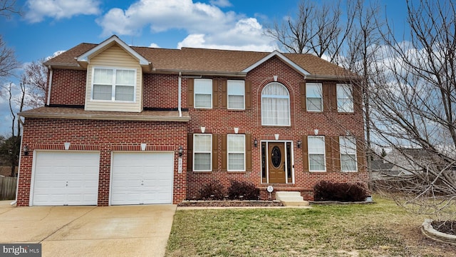 view of front of house featuring a garage, brick siding, a shingled roof, concrete driveway, and a front lawn