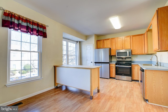 kitchen featuring light wood-style floors, appliances with stainless steel finishes, a wealth of natural light, and a sink