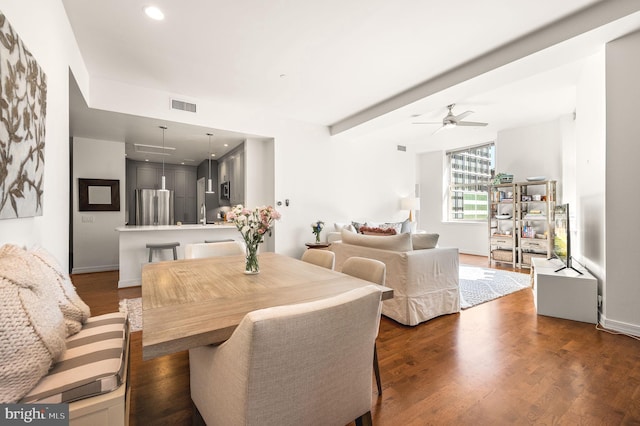 dining room featuring visible vents, baseboards, ceiling fan, dark wood finished floors, and recessed lighting