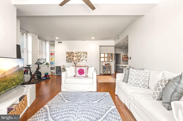 living room featuring wood finished floors, a wealth of natural light, and ceiling fan