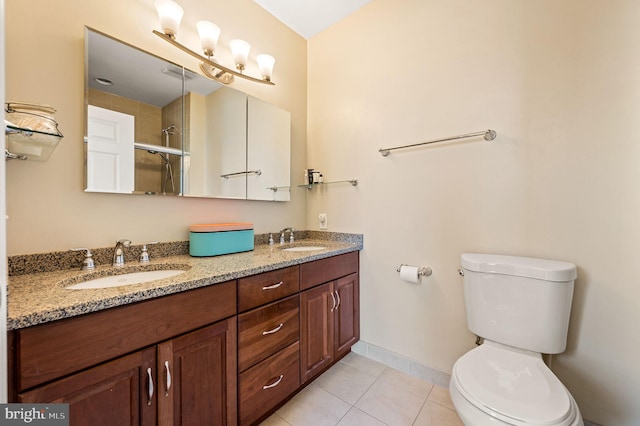 full bath with tile patterned flooring, an enclosed shower, toilet, and a sink