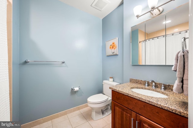 full bath featuring vanity, baseboards, visible vents, tile patterned floors, and toilet