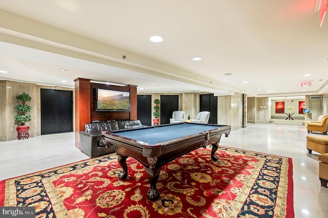 game room with billiards, elevator, and recessed lighting