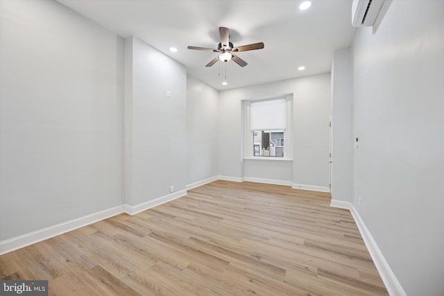 empty room with recessed lighting, baseboards, light wood-style flooring, and a ceiling fan