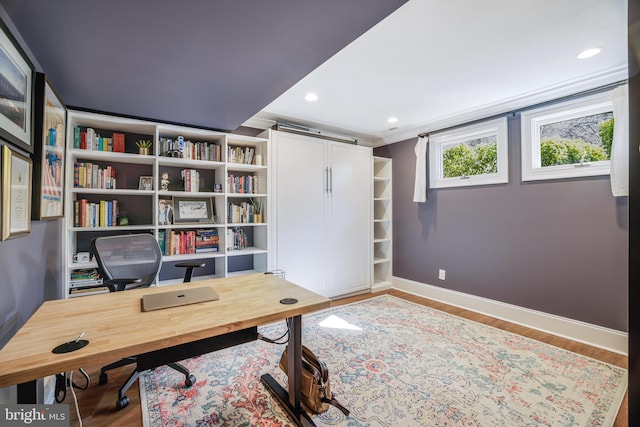 office space featuring recessed lighting, wood finished floors, and baseboards