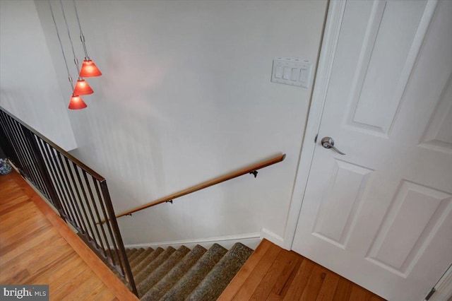 staircase with wood finished floors and baseboards