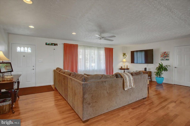 living area featuring light wood-type flooring, a healthy amount of sunlight, and a textured ceiling