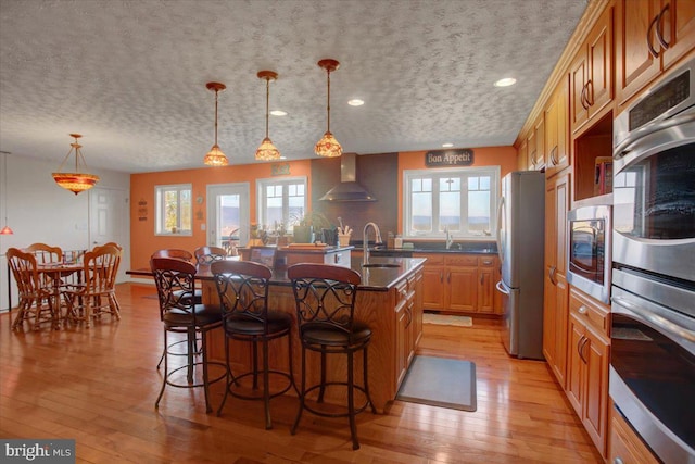 kitchen featuring light wood-type flooring, wall chimney range hood, appliances with stainless steel finishes, and a sink