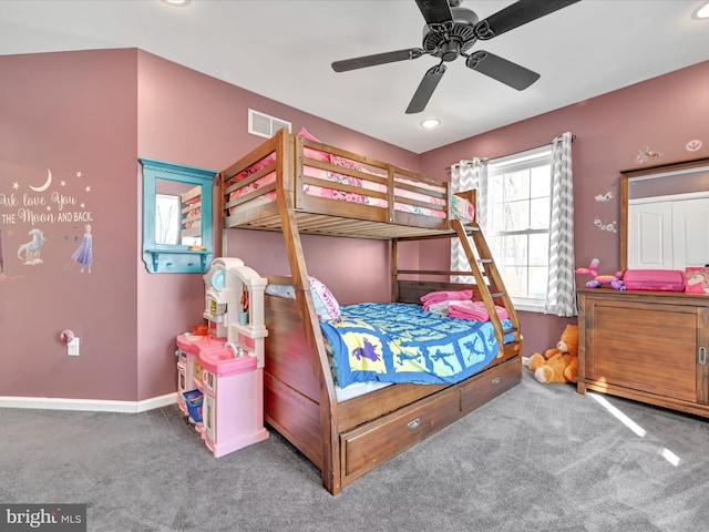 bedroom with recessed lighting, carpet floors, a ceiling fan, visible vents, and baseboards