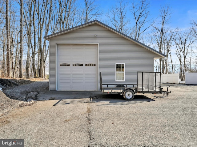 detached garage featuring fence