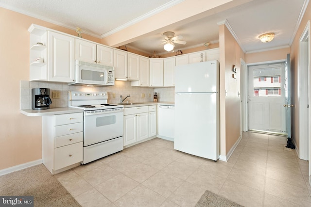 kitchen featuring ornamental molding, white appliances, open shelves, and tasteful backsplash