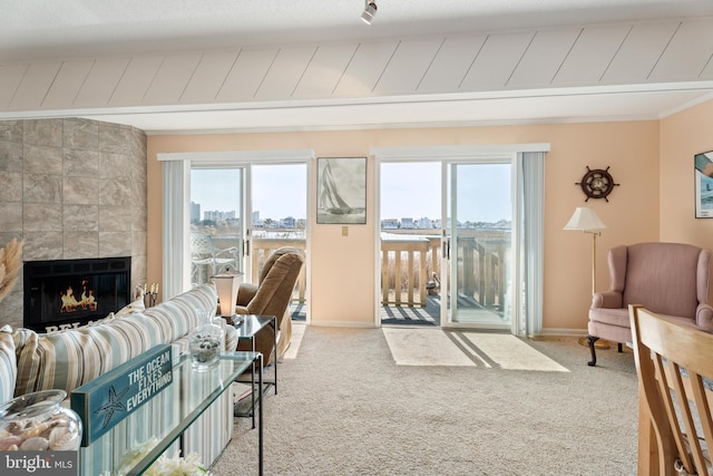 carpeted living room with ornamental molding, a tiled fireplace, a wealth of natural light, and baseboards