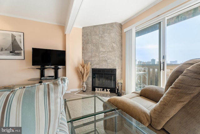 living room with a large fireplace, baseboards, and crown molding