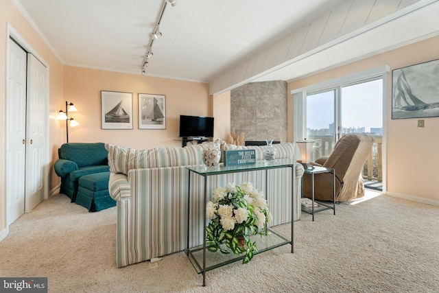 carpeted living area featuring baseboards, a tiled fireplace, rail lighting, and crown molding