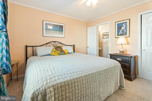 bedroom featuring crown molding, a ceiling fan, light carpet, connected bathroom, and baseboards